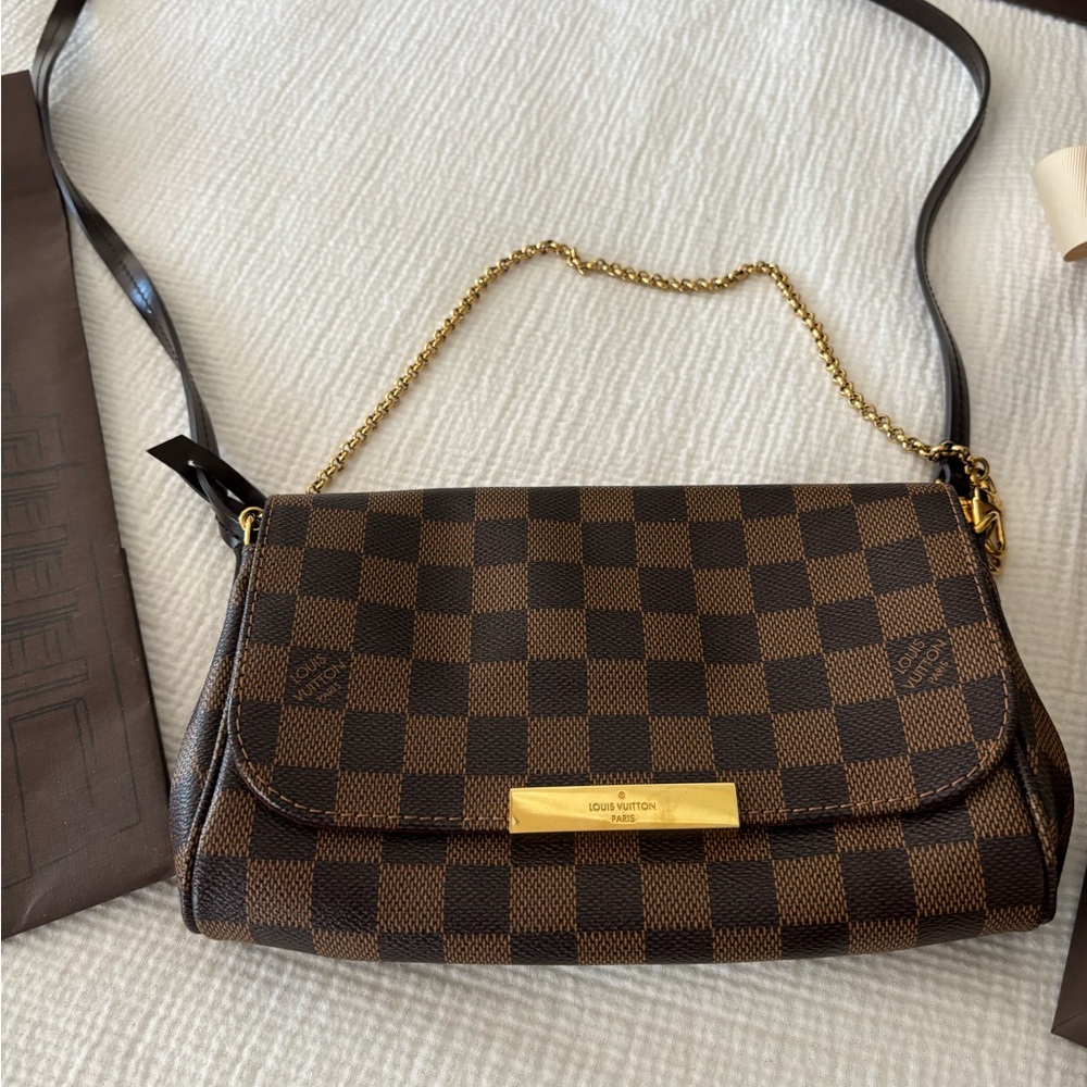 Louis Vuitton Brown Checkered Crossbody Bag with Gold Chain PM